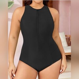 NWT! Tempt Me Womens XL black one piece sporty zip up racer back swim suit